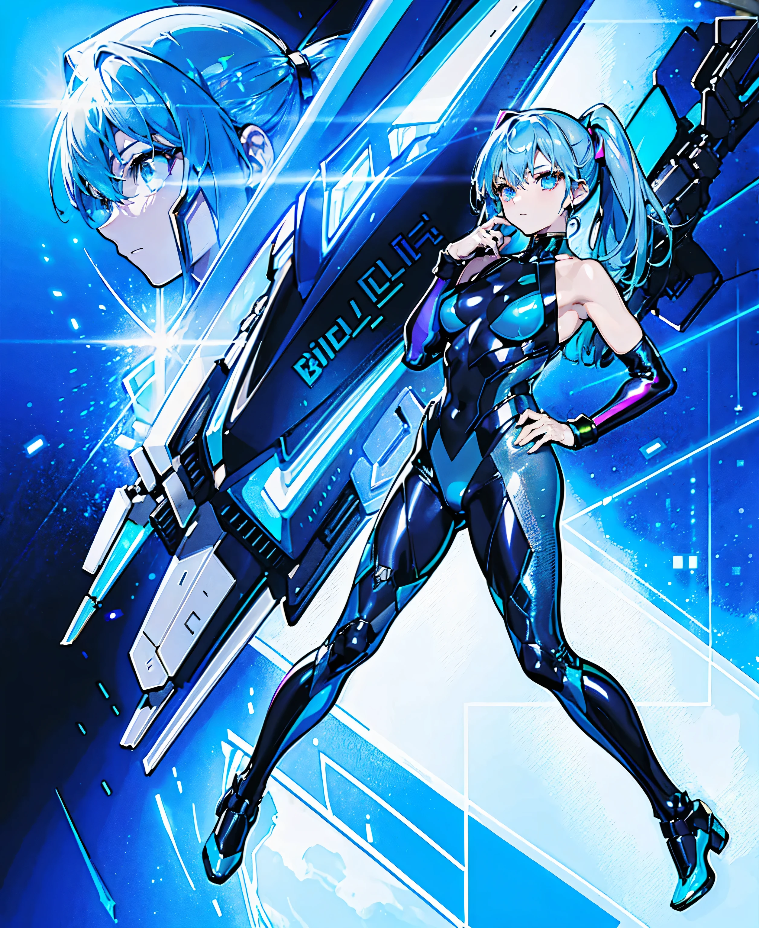 ((Holographic glow effect))、 blue hair 、Masterpiece、 Best Quality、1 person、Medium breast、(( album cover ))、 light on face、 slim body、 blue costume、Exoskeleton、Metal Gear、 cyberpunk style、 ponytails、Gundam Pilot、attention arousal，Ride a fighter jet 、 gloves up to the elbow 