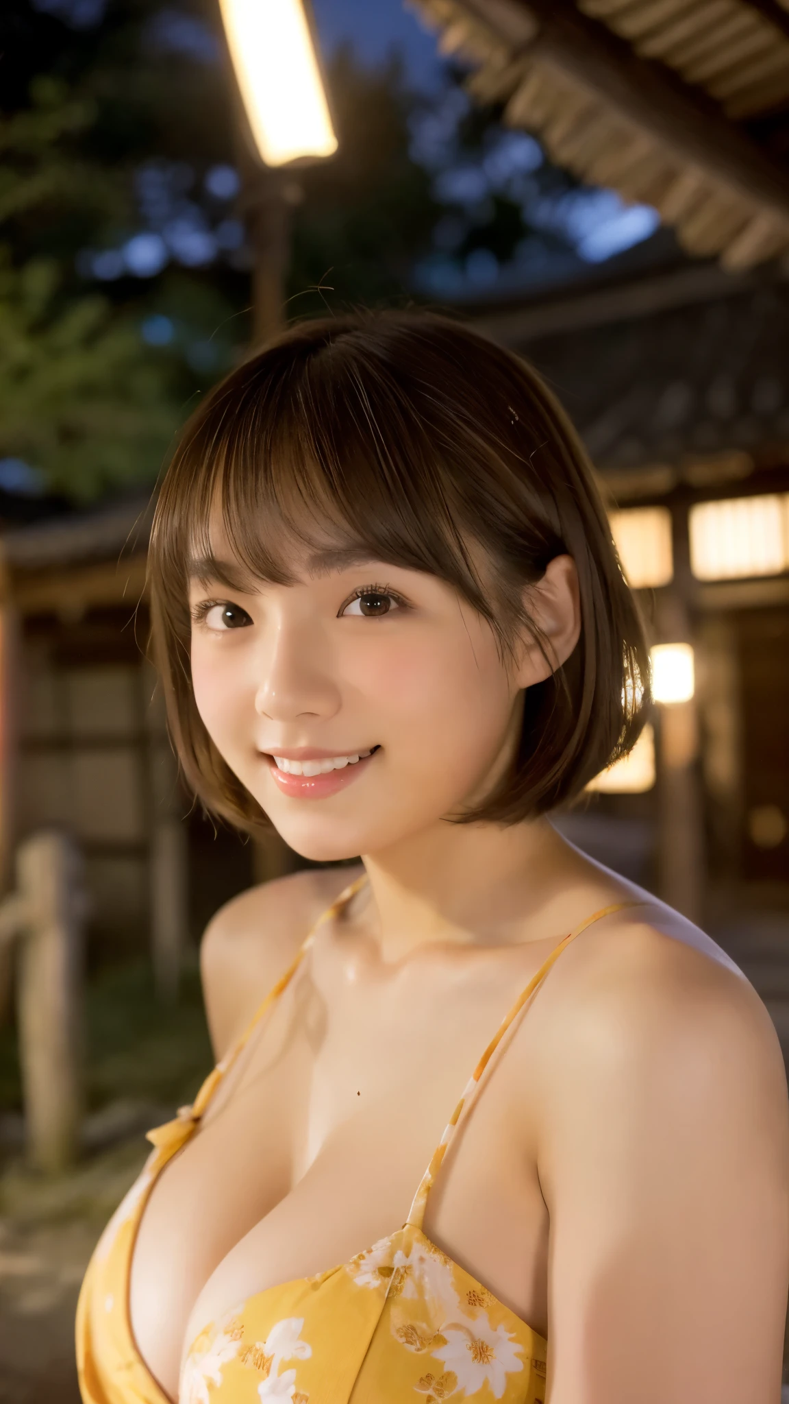 best quality, masterpiece, (realistic:1.2), (face and body straight at the camera;1.3), upper body, 1girl, , (silhouette lighting:1.3), grin, light brown bobcut hair with bangs, (without makeup:1.5), wearing kimono, cleavage, detailed face, amber eyes, beautiful eyes, japanese shrine in the night, wind is blowing hair