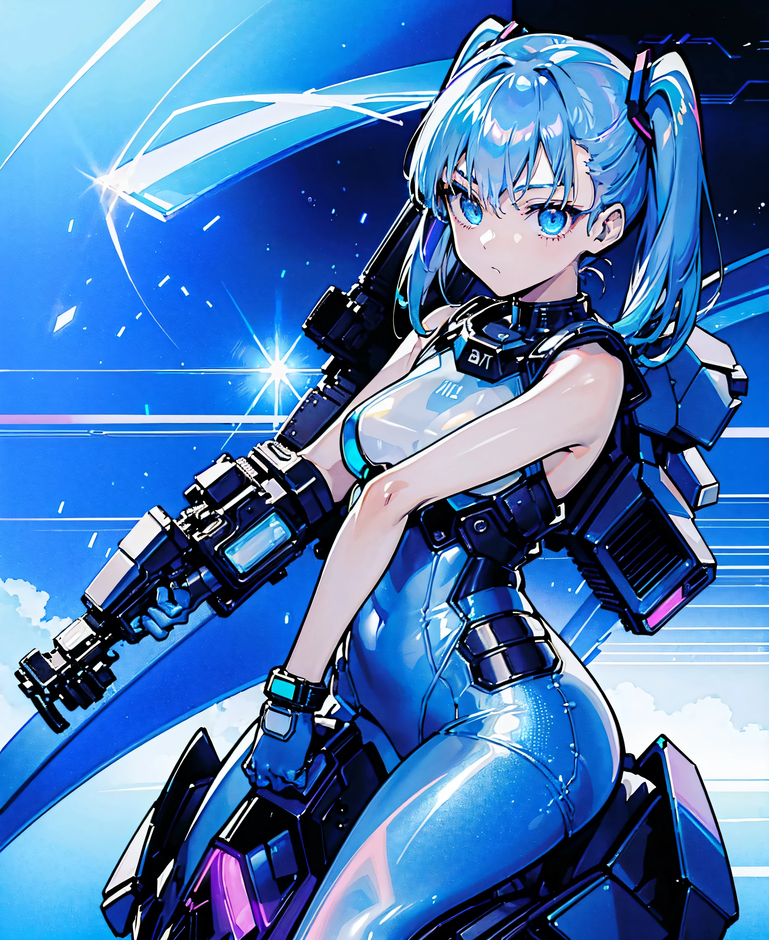 ((Holographic glow effect))、 blue hair 、Masterpiece、 Best Quality、1 person、Medium breast、(( album cover ))、 light on face、 slim body、 blue costume、Exoskeleton、Metal Gear、 cyberpunk style、 ponytails、Gundam Pilot、attention arousal，Ride a fighter jet 、 gloves up to the elbow 