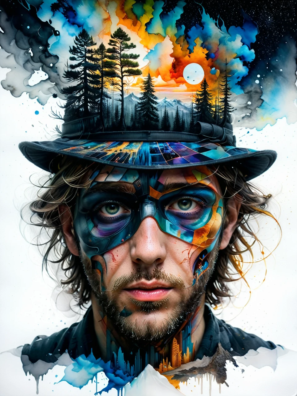 mysterious man with hat, by Minjae Lee, Carne Griffiths, Emily Kell, Steve McCurry, Geoffroy Thoorens, Aaron Horkey, Jordan Grimmer, Greg Rutkowski, amazing depth, double exposure, surreal, geometric patterns, intricately detailed, bokeh,  perfect balanced, deep fine borders, artistic photorealism , smooth,  great masterwork by head of prompt engineering   hyperkraximalism  