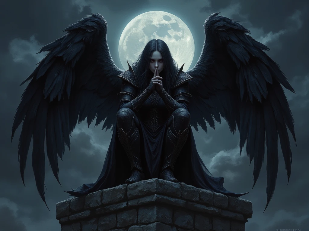 "Create a dark fantasy illustration of a fierce, gothic angel crouched on the edge of a stone structure under a full moon. She has large, spread-out black wings that add to her powerful and mysterious appearance. Her attire is dark and gothic, with armor-like details and metallic accents that give her an intense, battle-ready look. Her face is pale, and she gazes intensely forward, pressing a finger to her lips in a gesture of silence. The scene is set against a cloudy night sky, with the full moon casting a haunting light, adding to the eerie, mystical mood. The artwork should emphasize her enigmatic and slightly sinister aura, capturing the intensity of this dark angelic figure."