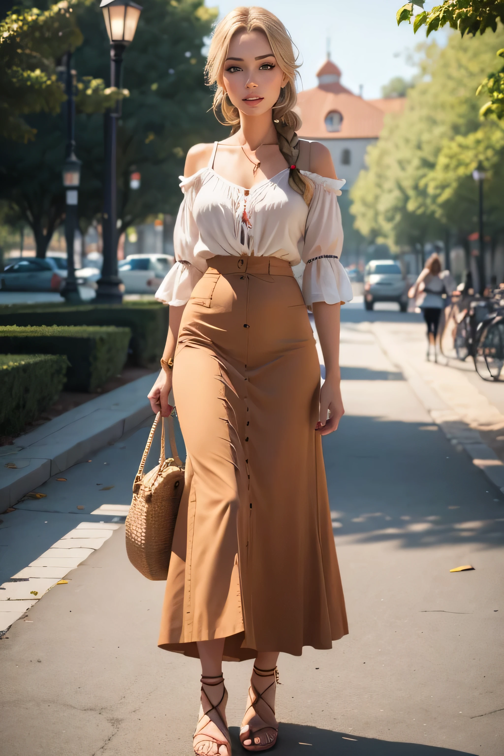 (highres,ultra-detailed,realistic:1.2),beautiful,bright-eyed,58-year-old girl in a garden,((gigantic huge bosom)), curvy, plump, cute blouse,pleated skirt,lovely smile,flowing brown hair,soft lighting,green grass,dainty flowers,playful pose,vivid colors,portrait,modern artistic style