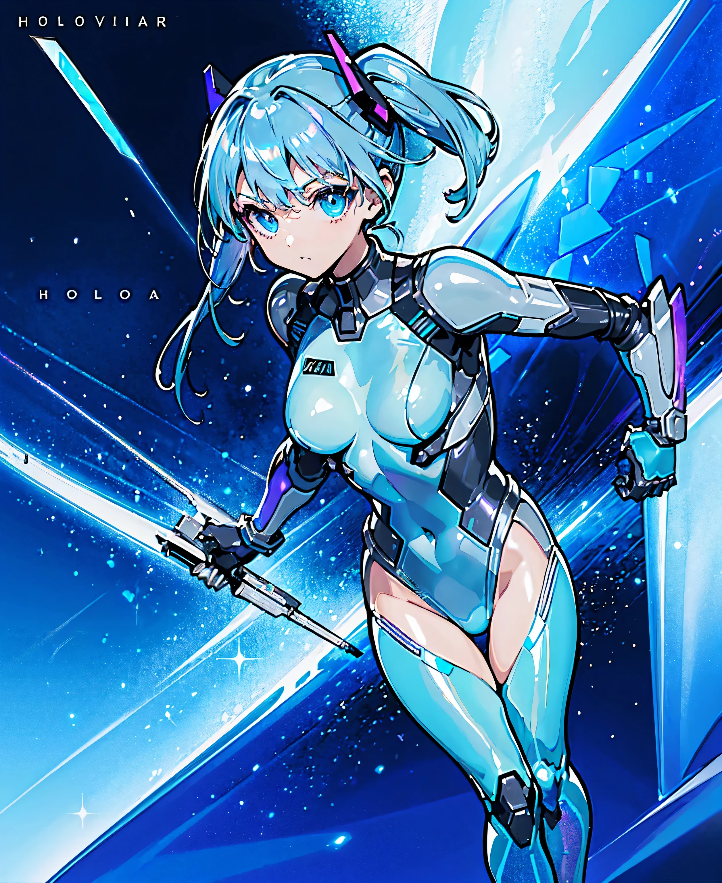 ((Holographic glow effect))、 blue hair 、Masterpiece、 Best Quality、1 person、Medium breast、(( album cover ))、 light on face、 slim body、 blue costume、Exoskeleton、Metal Gear、 cyberpunk style、 ponytails、Gundam Pilot、attention arousal，Ride a fighter jet 、 gloves up to the elbow 