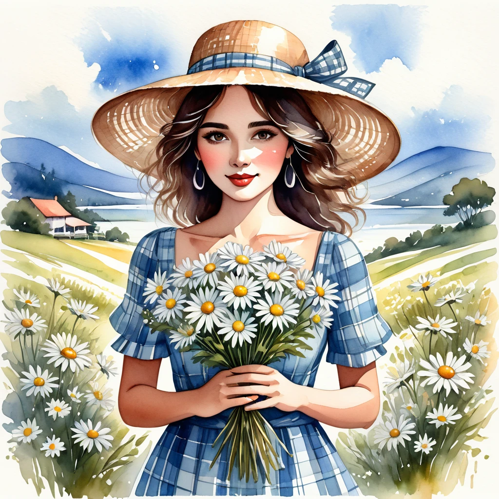  A watercolor illustration depicts a delicate Brazilian woman holding a bouquet of flowers.  She wears a light blue plaid dress with short sleeves ,  adorned with a bow tied around her back .  The large bouquet of white daisies she holds covers part of her face and body ,  adding a touch of mystery and softness . In the head, she wears a wide-brimmed straw hat ,  decorated with a black band ,  that complements the look .  The art style is light and soft ,  evoking a sense of serenity and harmony with nature .