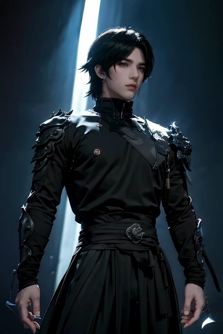 A dark-haired man with deep black eyes, imposing and handsome, Sasuke Uchiha, wearing a black warrior outfit and a sword at his waist, (best quality,4k,8k,highres,masterpiece:1.2),ultra-detailed,(realistic,photorealistic,photo-realistic:1.37),1boy,detailed facial features,intricate details,dramatic lighting,cinematic composition,dark fantasy,moody atmosphere,chiaroscuro,vibrant colors,dramatic shadows