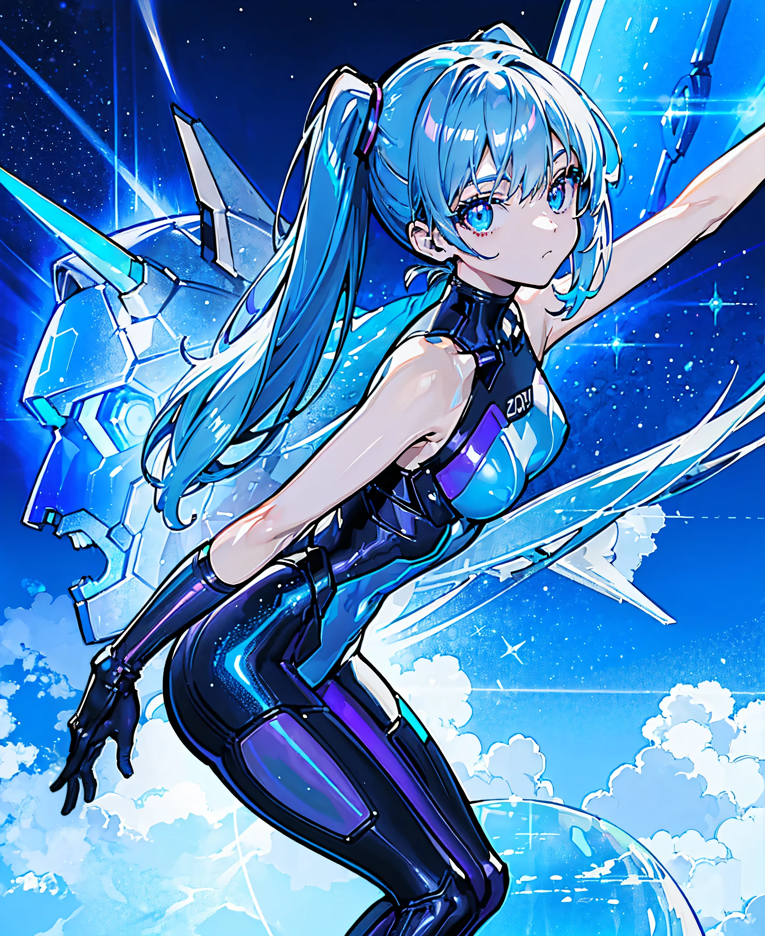 ((Holographic glow effect))、 blue hair 、Masterpiece、 Best Quality、1 person、Medium breast、(( album cover ))、 light on face、 slim body、 blue costume、Exoskeleton、Metal Gear、 cyberpunk style、 ponytails、Gundam Pilot、attention arousal，Ride a fighter jet 、 gloves up to the elbow 