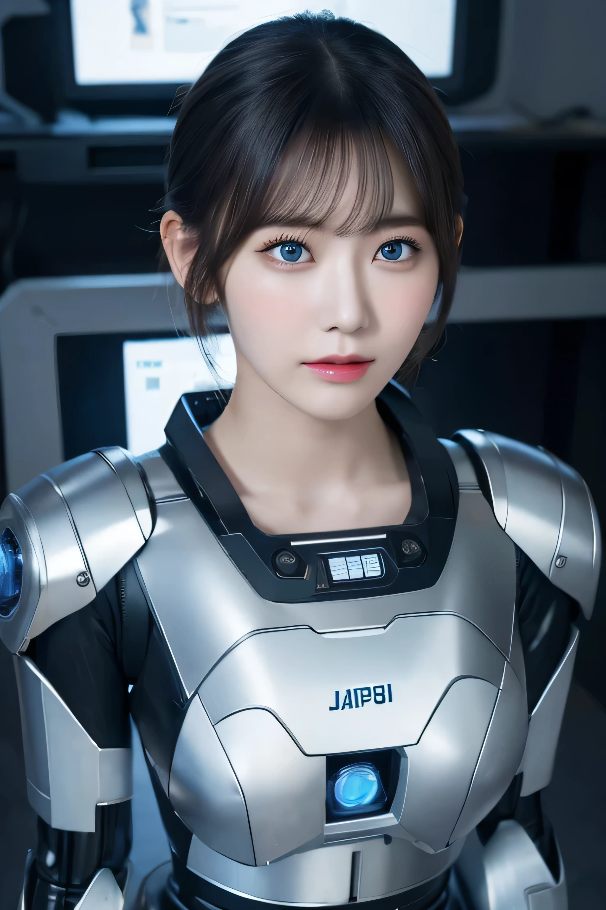 masterpiece,  Top Quality ,  Very detailed, Japaese 안 droid  girl,portrait,thud, slightly plump ,Control Panel,안 droid , droid ,mechanical hand,  robot arms and legs ,  black hair, blunt bangs ,perfect Machine Man girl,Long tube , a thick cable connects her neck.,안 droid ,Machine Man, humanoid , cyborg ,korean  cyborg  girl ,Machine Man-assembly plant, she is now assembling, assembly scene , blue eyes,Chest monitor 