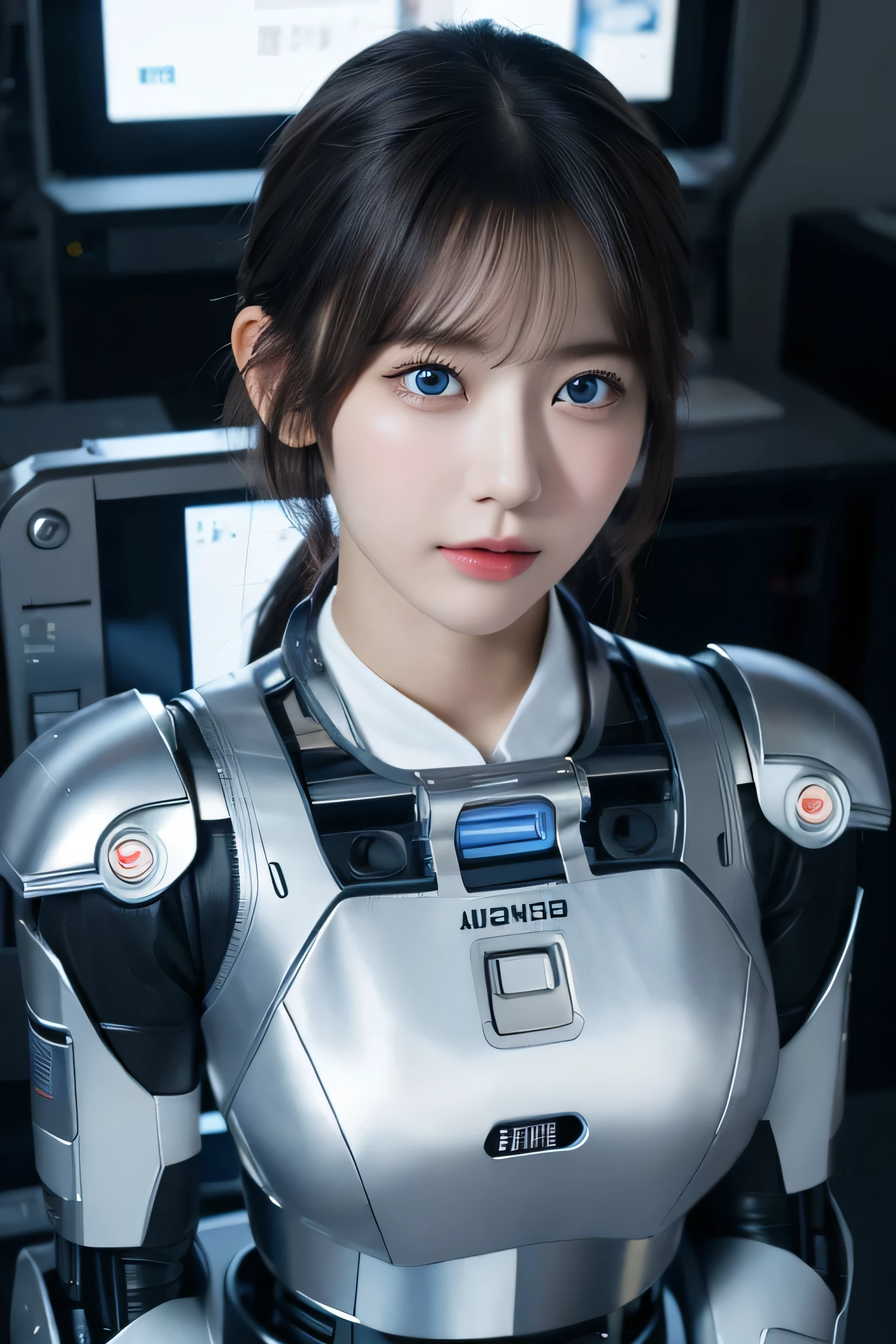 masterpiece,  Top Quality ,  Very detailed, Japaese 안 droid  girl,portrait,thud, slightly plump ,Control Panel,안 droid , droid ,mechanical hand,  robot arms and legs ,  black hair, blunt bangs ,perfect Machine Man girl,Long tube , a thick cable connects her neck.,안 droid ,Machine Man, humanoid , cyborg ,korean  cyborg  girl ,Machine Man-assembly plant, she is now assembling, assembly scene , blue eyes,Chest monitor 