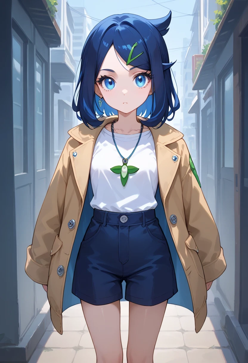 score_7_up, score_8_up, score_9,  liko,1girl,solo, hair ornament,hairclip, dark blue hair, eyelashes, blue eyes, medium hair,shorts, jewelry, shirt, white shirt, necklace, socks, open clothes, open coat, coat, jacket