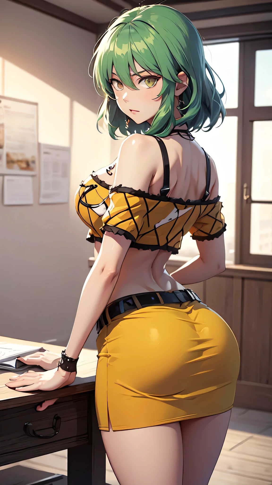 masterpiece, best quality,midriff,short pleated skirt,huge ass,(from behind:1.2),looking back, thighhighs,(blonde hair:1.3),(bianca:1.5),red glasses,gigantic breasts,short hair,street,city,green eyes,green headwear,heavy blush,closed mouth,happy, <lora:bianca3:1>