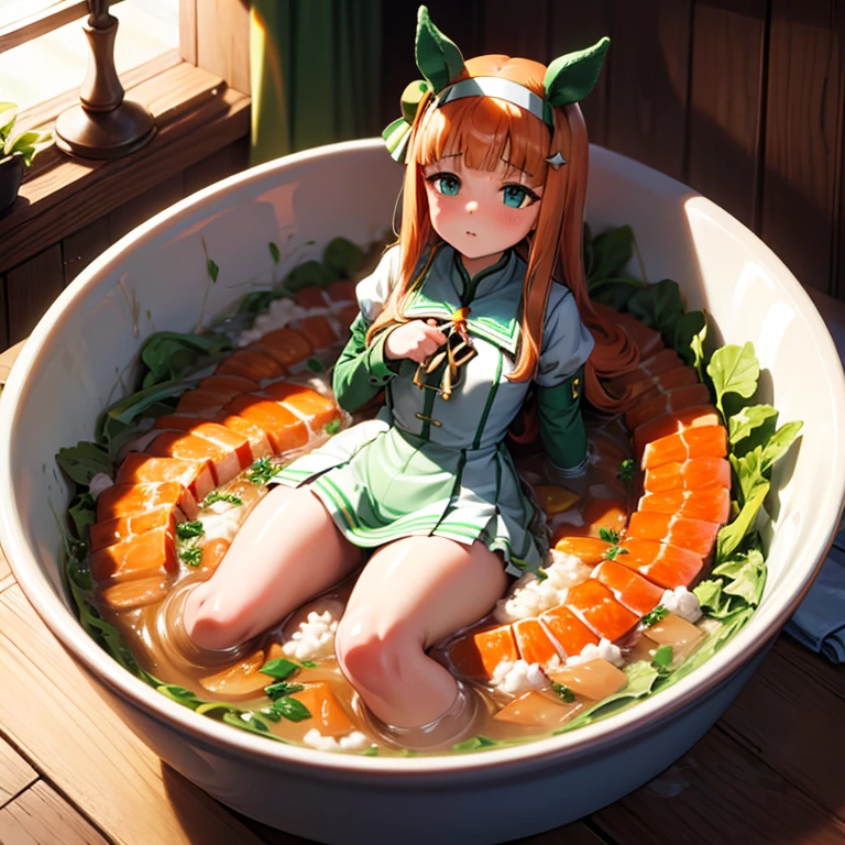  lots of salads in a large salad bowl about the size of a room、A girl lies on her back in a salad bowl、 and a thousand dressing is sprinkled on it 、Lots of grated cheese 、silence suzuka \(Uma Musume\), green eyes, horse tail,  Horse Girl ,  orange hair,  straight hair, Horse ears, 緑色のHorse earsカバー, Horse tail、One person