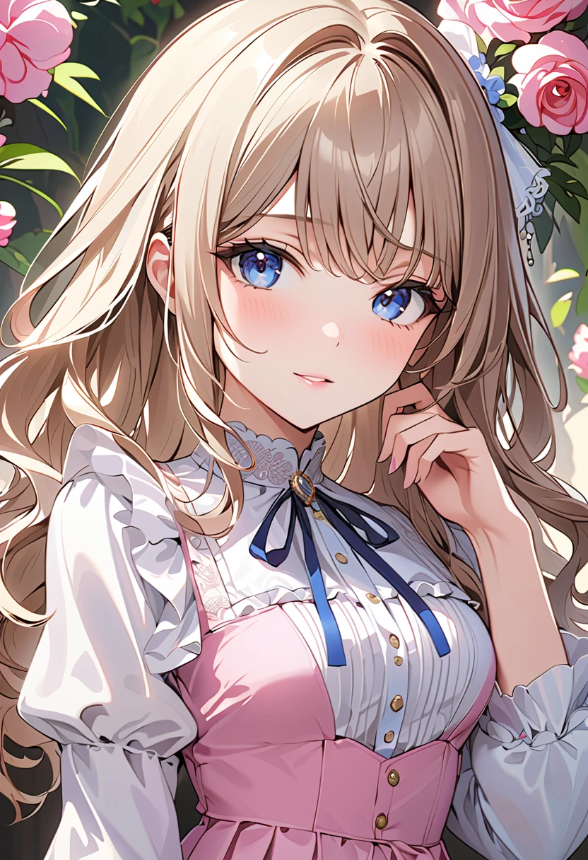 (( best quality)), ((masterpiece)), ( Details),  high definition ,  perfect face,  Detailsed eyes,  beautiful eyes,  1 Beautiful Girl , Victoria blouse,  medium breasts,