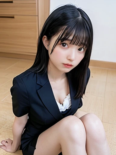 (1 person、Alone), Beautiful woman, (Anatomically perfect body, thin、(OL, Officeレディ:1.2)、business suit、 (Look Down:1.2), (Best Quality), Black Hair, (Half up:1.2), (Office)、(8k, High resolution), Small breasts, (thin脚、Small Ass), High resolutionの顔, (Highly detailed panties), (Sitting on the floor:1.3)、(On my knees、Pull your knees towards your chest:1.1), (High heels)