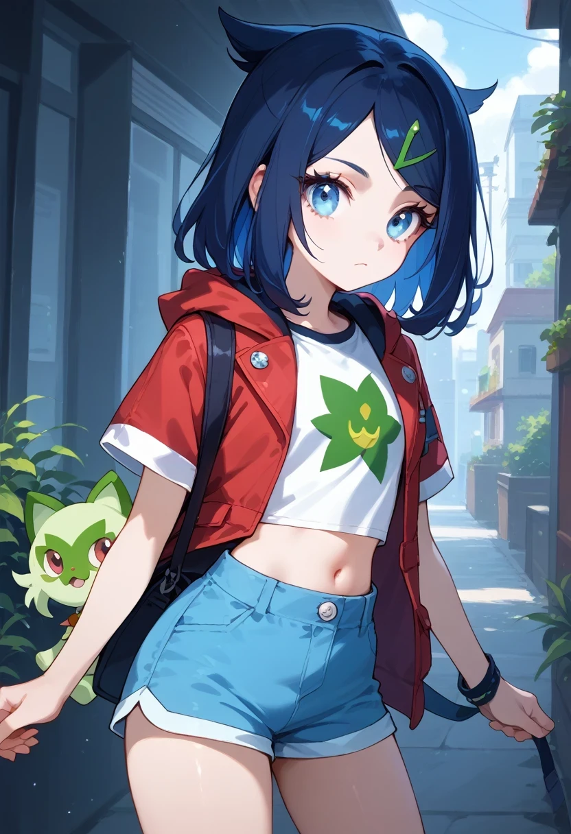 score_7_up, score_8_up, score_9,  liko,1girl,solo, hair ornament,hairclip, dark blue hair, eyelashes, blue eyes, medium hair, navel, shorts, midriff, bag, short sleeves, crop top, short shorts, jacket, hood, holding strap, red jacket, blue shorts

