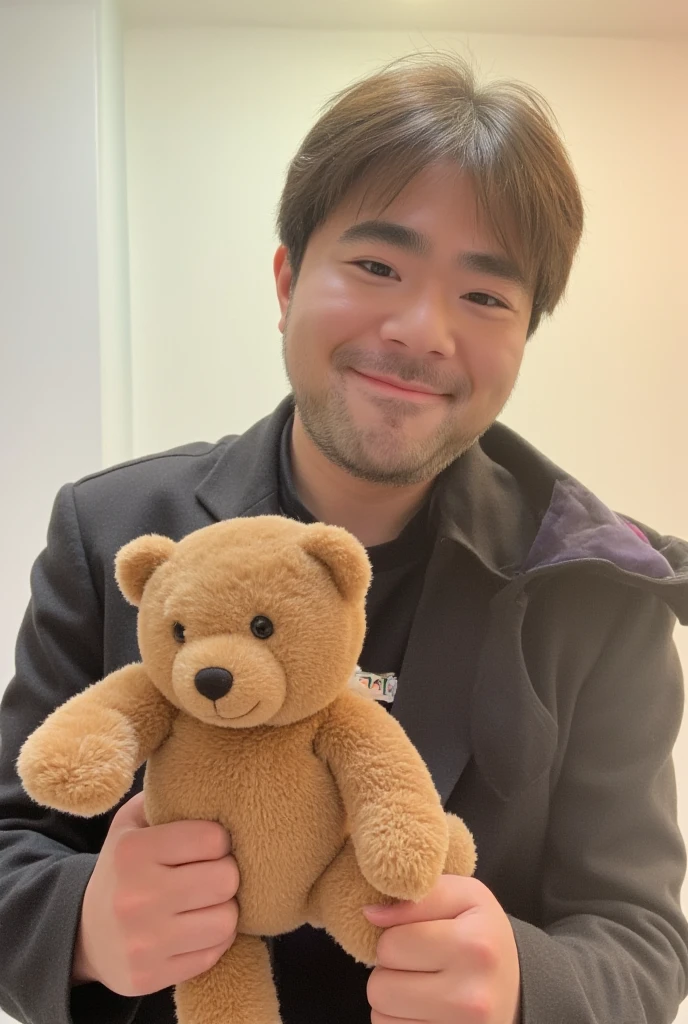 A boy wearing glasses while holding a stuffed bear、Smile in a nostalgic 1990s atmosphere。
