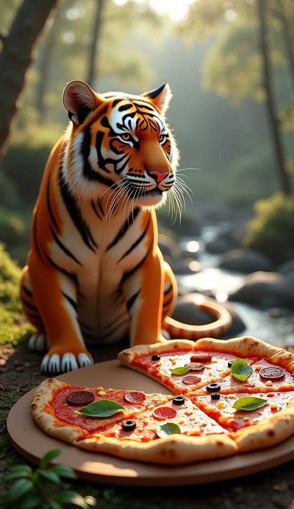 Tiger in sunglasses eat pizza