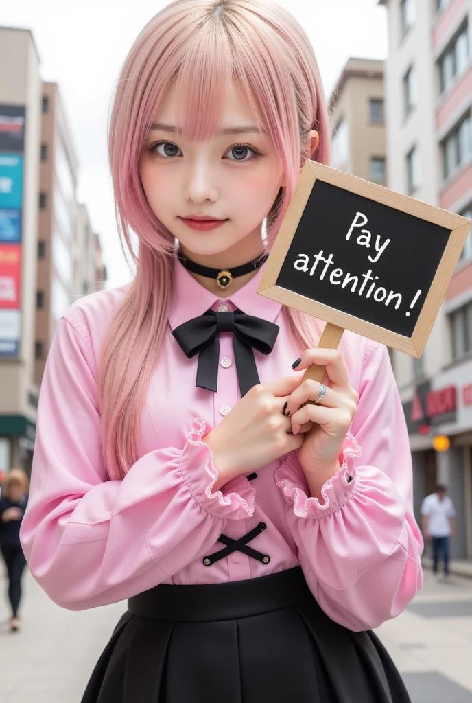 1girl,gal,makeup,portrait photo,(She happy on the street and holds a sign that reads "Pay attention！".),leaning forward,looking at viewer,(golden,pink hair, two-tone hair),long hair, two side up,black bow,blue eyes,jirai kei,(cross-laced clothes,pink shirt,long sleeves,frilled sleeves),frill,black bowtie,black skirt,heart brooch,heart earrings,ring,nail polish,pink nails,black nails,black choker,best quality,masterpiece,photorealistic