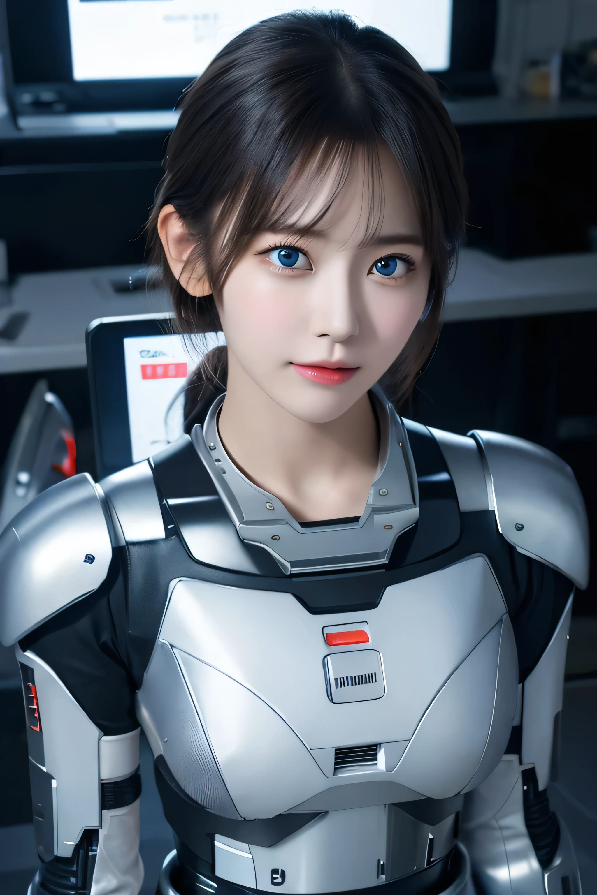 masterpiece,  Top Quality ,  Very detailed, Japaese 안 droid  girl,portrait,thud, slightly plump ,Control Panel,안 droid , droid ,mechanical hand,  robot arms and legs ,  black hair, blunt bangs ,perfect Machine Man girl,Long tube , a thick cable connects her neck.,안 droid ,Machine Man, humanoid , cyborg ,korean  cyborg  girl ,Machine Man-assembly plant, she is now assembling, assembly scene , blue eyes,Chest monitor 