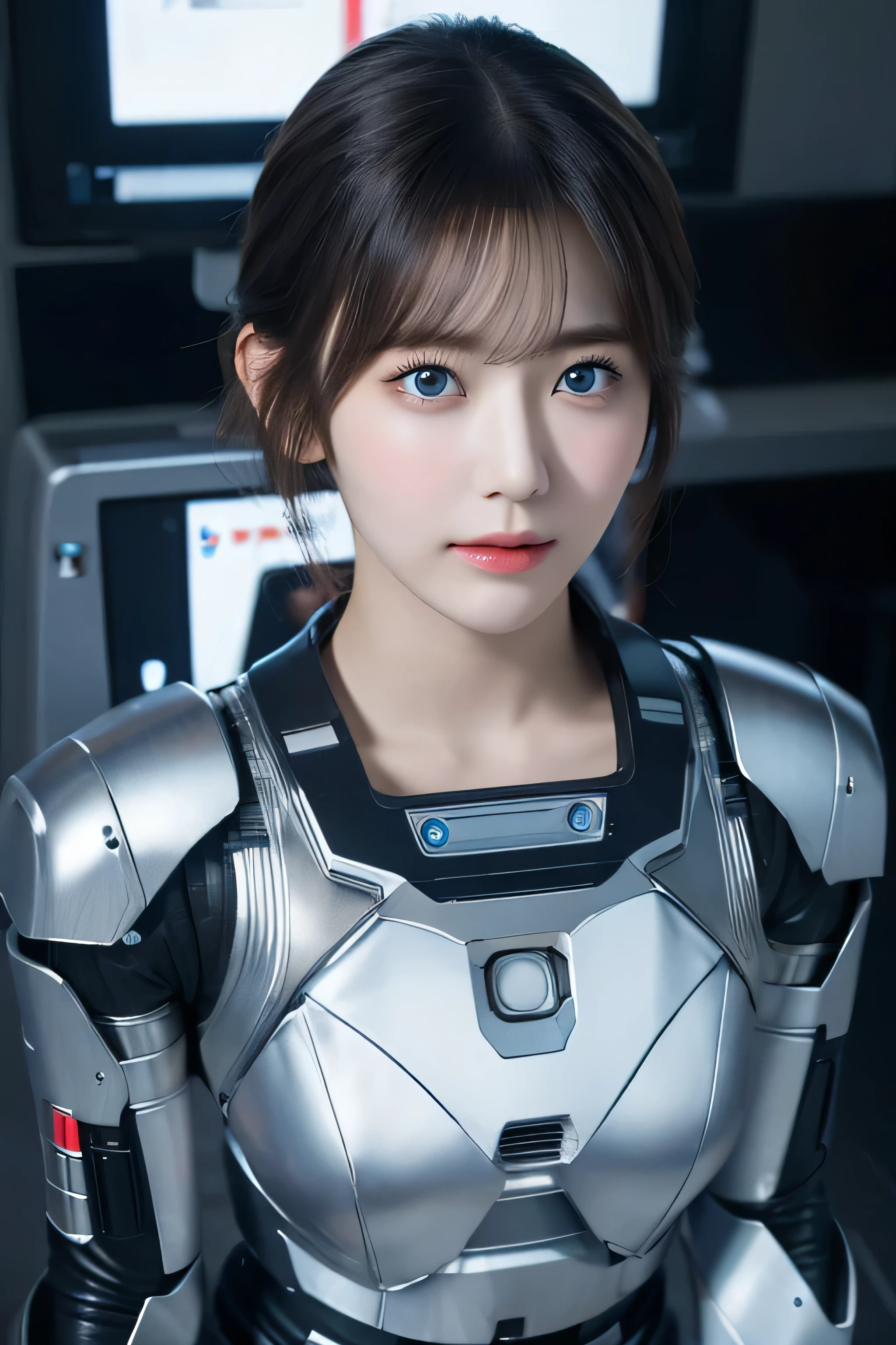 masterpiece,  Top Quality ,  Very detailed, Japaese 안 droid  girl,portrait,thud, slightly plump ,Control Panel,안 droid , droid ,mechanical hand,  robot arms and legs ,  black hair, blunt bangs ,perfect Machine Man girl,Long tube , a thick cable connects her neck.,안 droid ,Machine Man, humanoid , cyborg ,korean  cyborg  girl ,Machine Man-assembly plant, she is now assembling, assembly scene , blue eyes,Chest monitor 