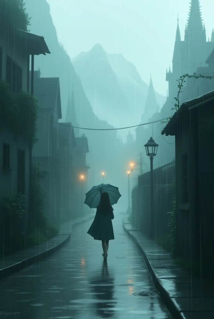 girl walking rainy road misty mountain city