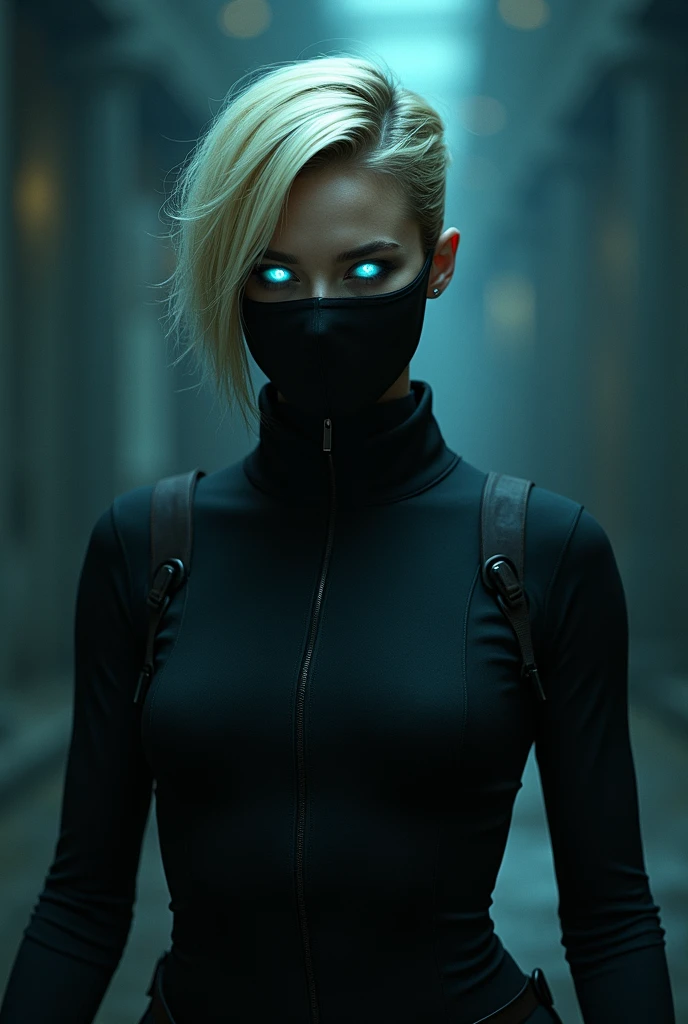 villain girl with short blonde hair to one side with electric blue eyes and black mask covering mouth and nose