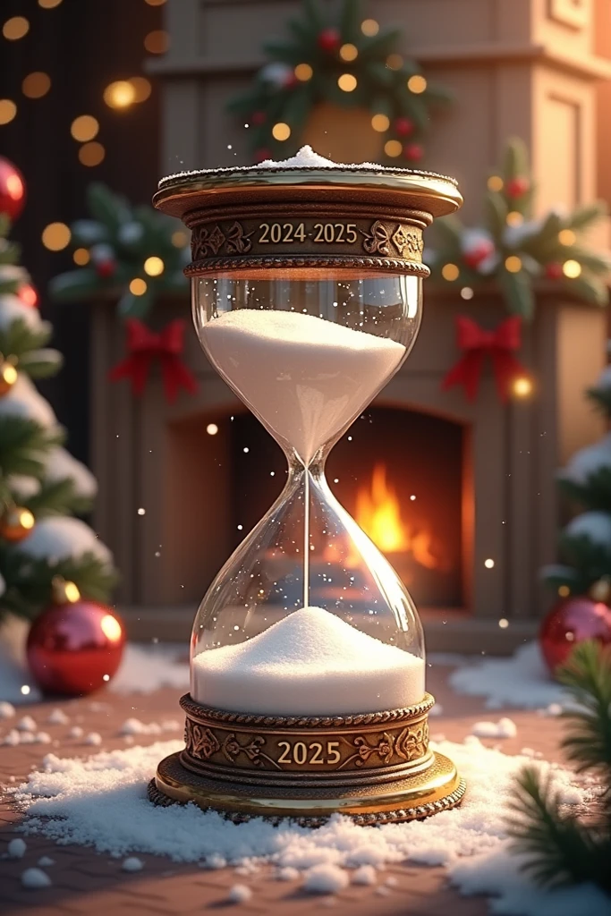 Create an hourglass that replaces sand with snow and adds 2024-2025 with a Christmas background