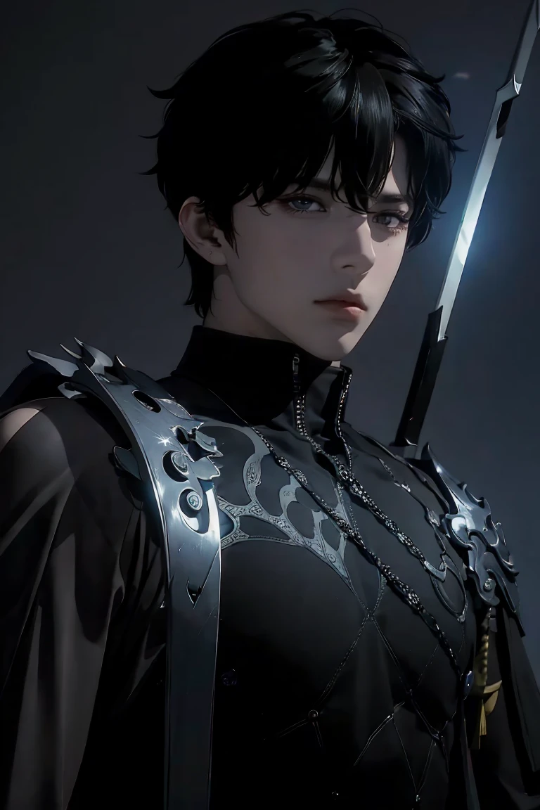 A dark-haired man with deep black eyes, imposing and handsome, Sasuke Uchiha, wearing a black warrior outfit and a sword at his waist, (best quality,4k,8k,highres,masterpiece:1.2),ultra-detailed,(realistic,photorealistic,photo-realistic:1.37),1boy,detailed facial features,intricate details,dramatic lighting,cinematic composition,dark fantasy,moody atmosphere,chiaroscuro,vibrant colors,dramatic shadows