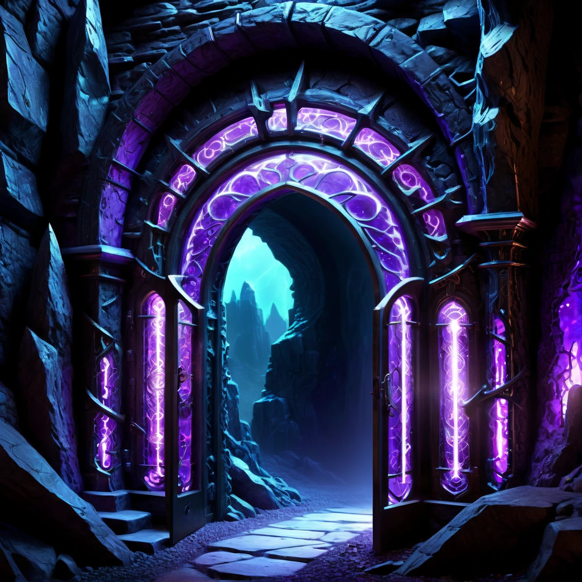  Close-up of a tunnel with purple light inside, dungeon background, in a dungeon background, magical fantasy 2d concept art,  stone gate to a dark cave ,  Odin's Stone arena background ,  of the entrance to the ethereal world , Dungeons, Fantasy Dungeon, cave background, the evil lair ,  dark fantasy environment , glowing crystal cave, background art ,   Gothic epic library concept  