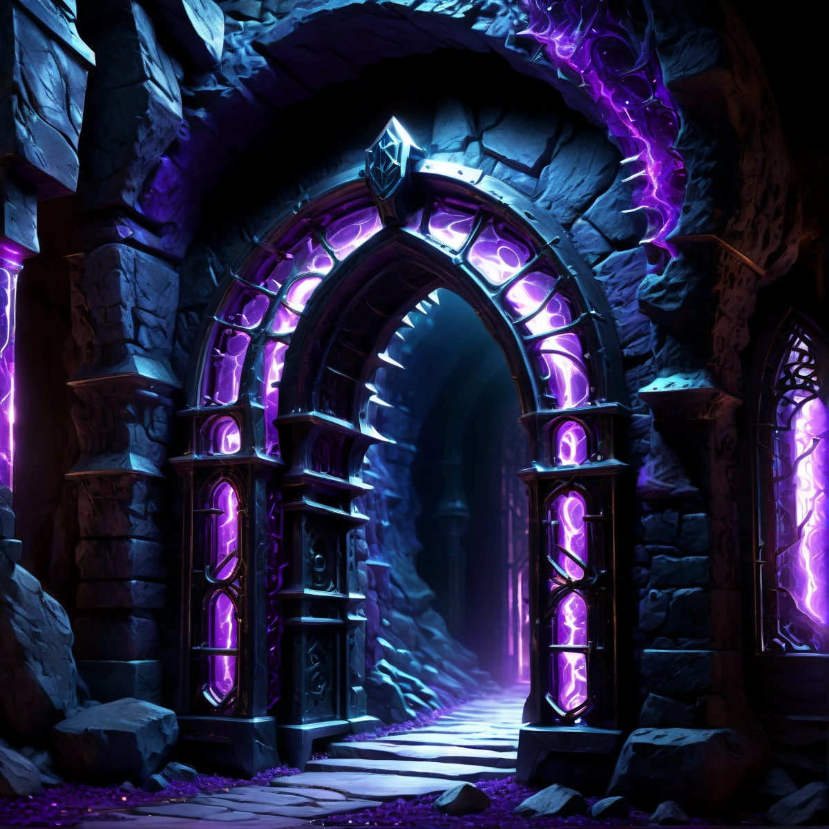  Close-up of a tunnel with purple light inside, dungeon background, in a dungeon background, magical fantasy 2d concept art,  stone gate to a dark cave ,  Odin's Stone arena background ,  of the entrance to the ethereal world , Dungeons, Fantasy Dungeon, cave background, the evil lair ,  dark fantasy environment , glowing crystal cave, background art ,   Gothic epic library concept  