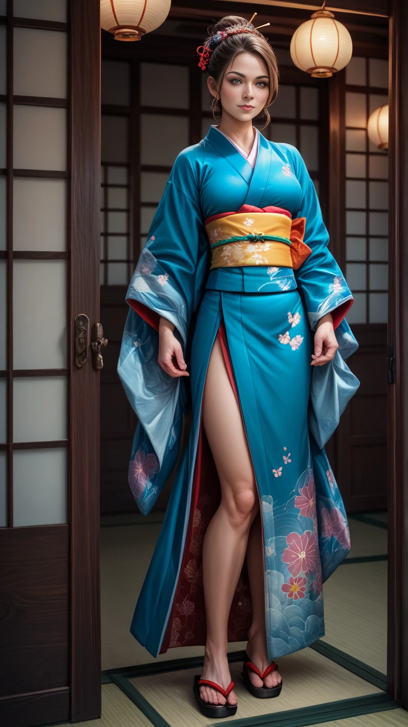 score_9, score_8_up, score_7_up, photo, photorealistic, Japanese woman in kimono, full body shot