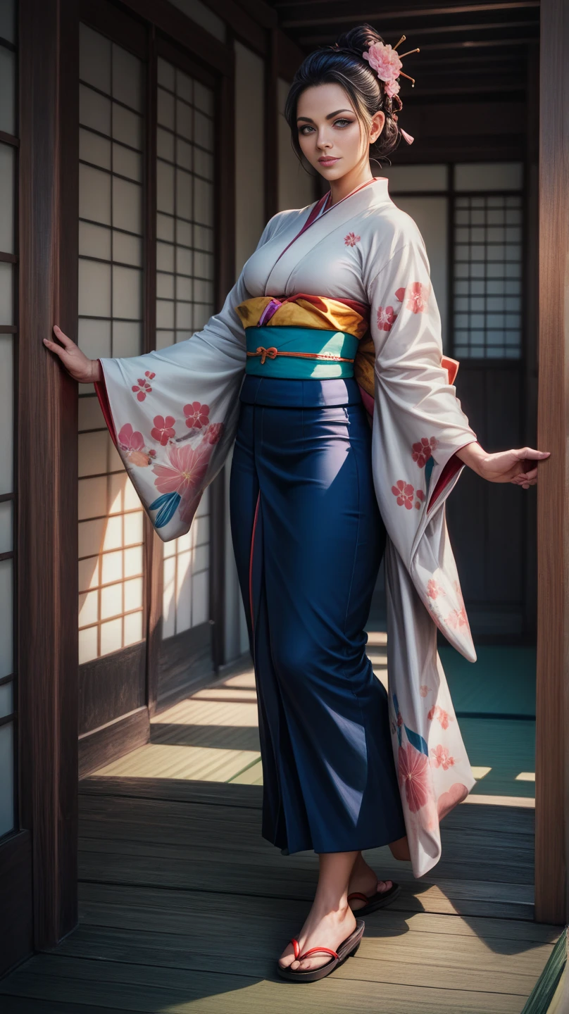 score_9, score_8_up, score_7_up, photo, photorealistic, Japanese woman in kimono, full body shot