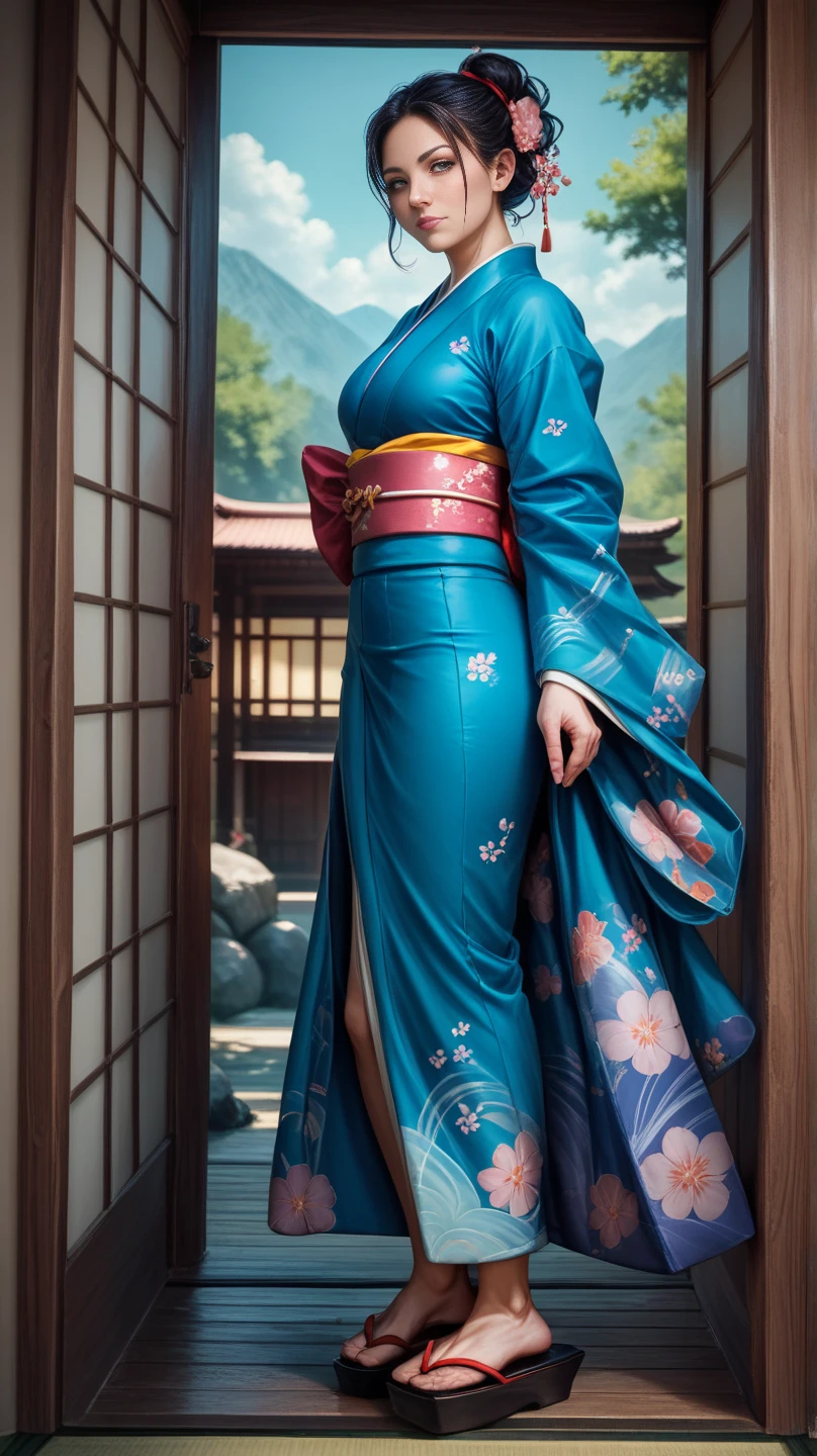 score_9, score_8_up, score_7_up, photo, photorealistic, Japanese woman in kimono, full body shot