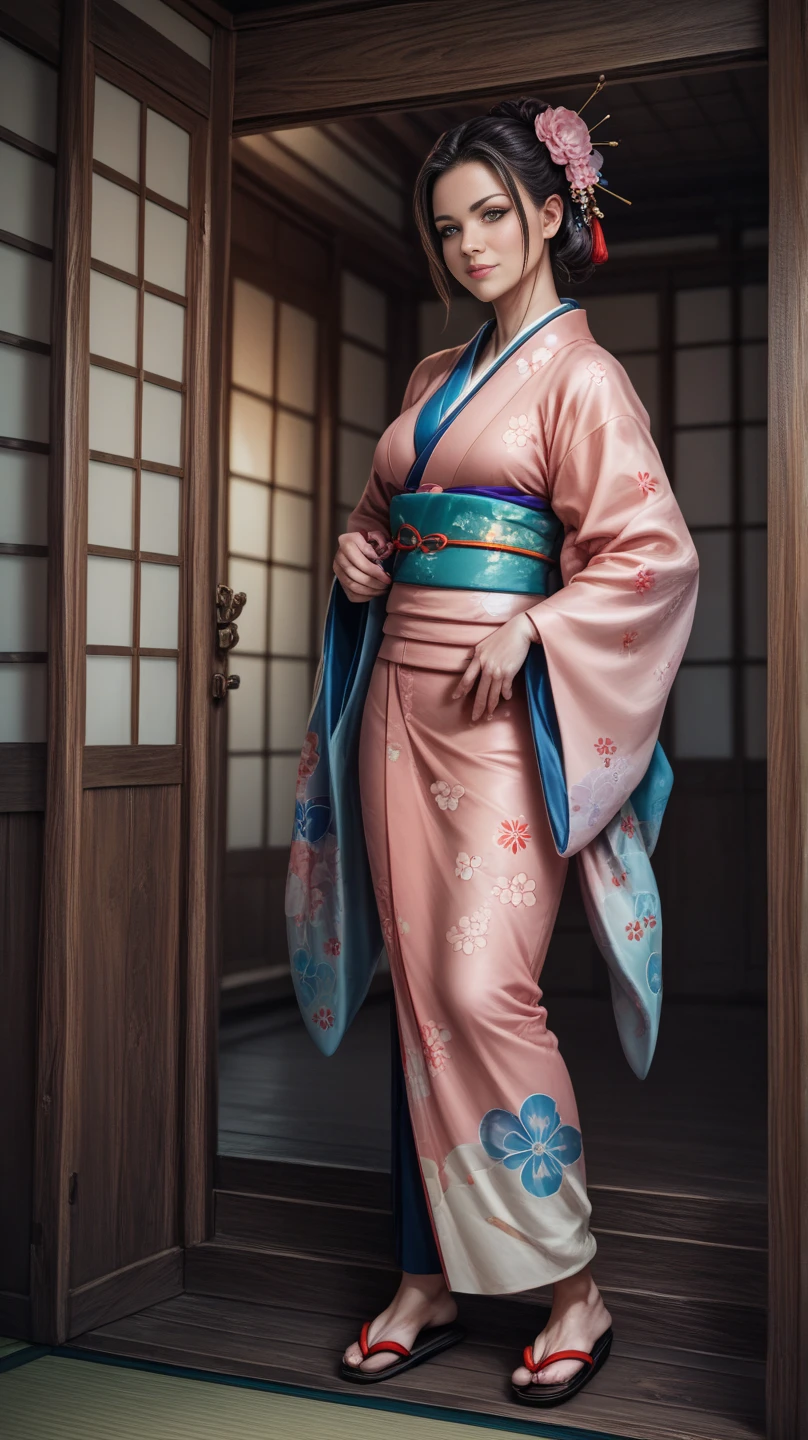 score_9, score_8_up, score_7_up, photo, photorealistic, Japanese woman in kimono, full body shot