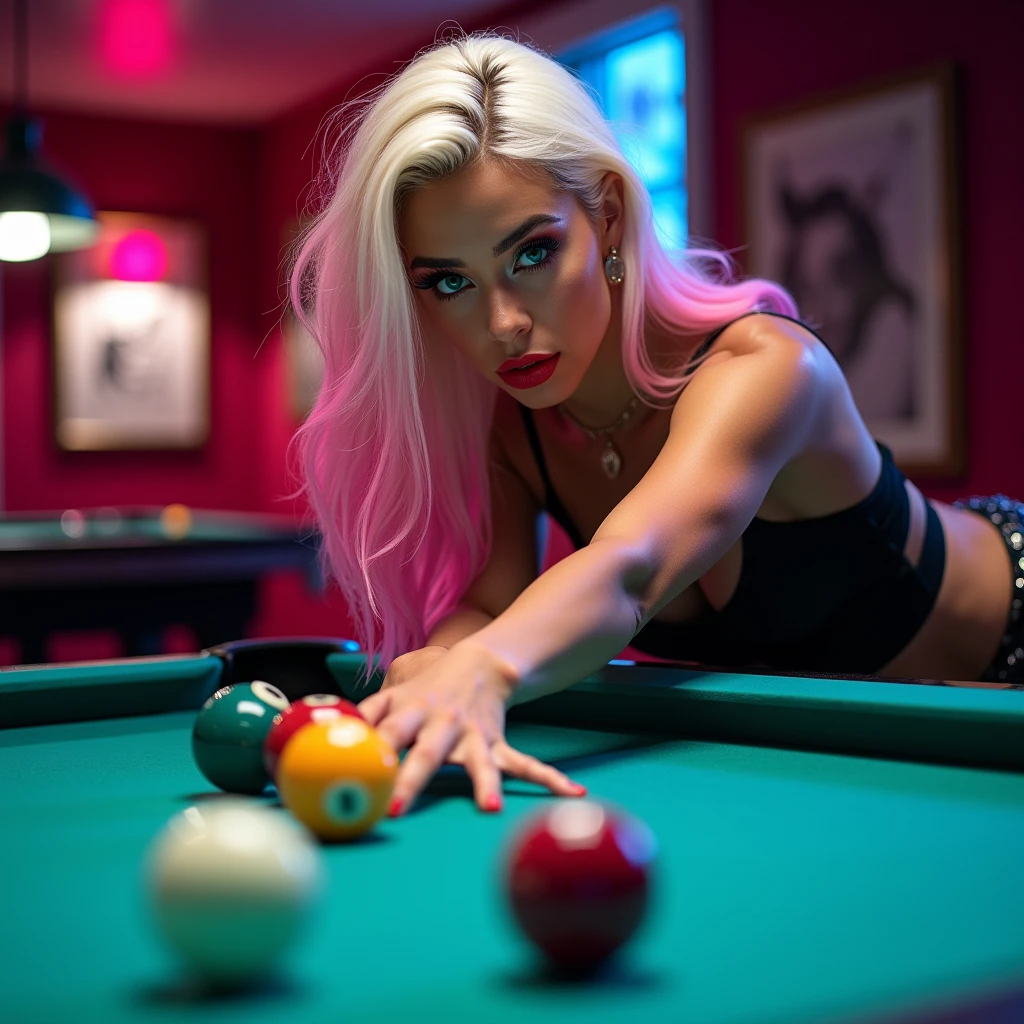 score_9, score_8, score_7_up, Female cyborg playing billiards in full view of horny butches, she bends over sexily to drive the ball into the hole. The lighting is dimmed and diffused by cigar smoke. The air smells of alcohol and masculinity. All the men around her greedily undress her with their eyes and literally want to fuck her, right there on the table, in a perverse way