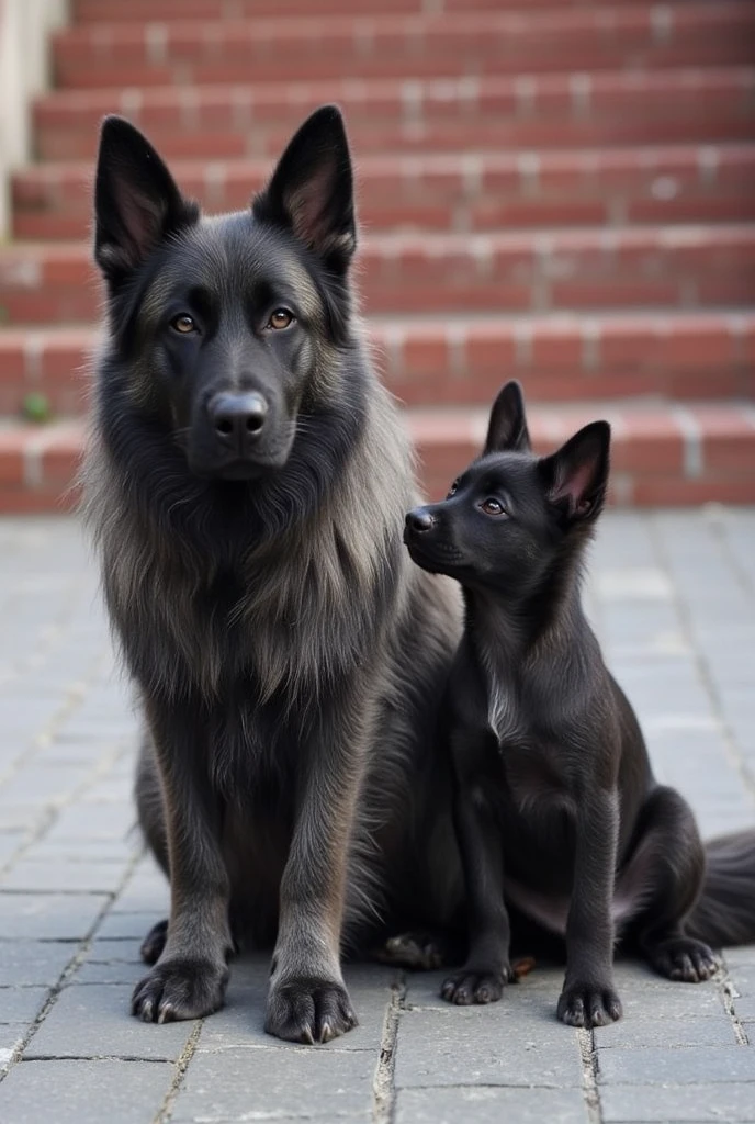 ((masterpiece)) ((photography)) ((Highest quality)) A charcoal-colored long-haired adult Belgian Malinois sits on a stone terrace in front of red brick steps. Next to it, a small charcoal-colored Malinois puppy sits on its right, looking up at the adult with admiration. The puppy has a shorter, darker coat and upright ears typical of young Malinois. Both dogs are positioned side by side, creating a cute contrast between their size and age. The adult dog has a serious and calm expression, while the puppy looks curious and respectful, its eyes filled with affection. The scene takes place in a peaceful outdoor setting with brick steps in the background and a gray tiled floor.