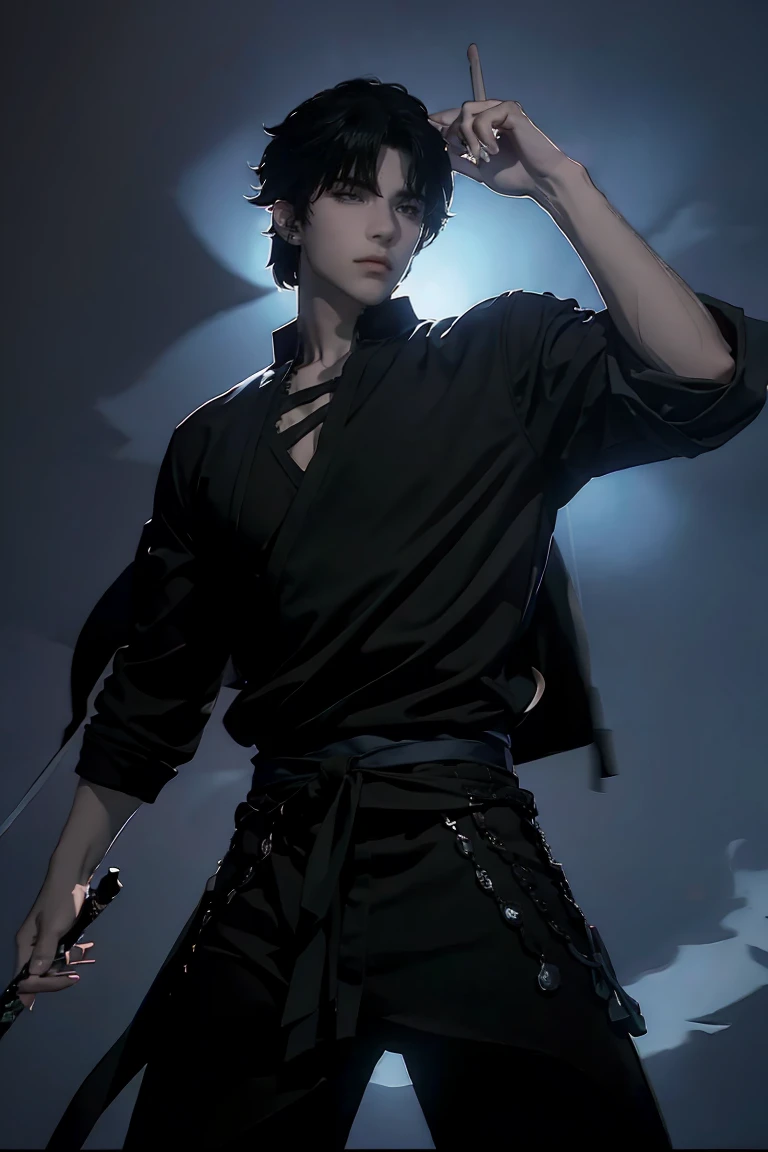 A dark-haired man with deep black eyes, imposing and handsome, Sasuke Uchiha, wearing a black warrior outfit and a sword at his waist, (best quality,4k,8k,highres,masterpiece:1.2),ultra-detailed,(realistic,photorealistic,photo-realistic:1.37),1boy,detailed facial features,intricate details,dramatic lighting,cinematic composition,dark fantasy,moody atmosphere,chiaroscuro,vibrant colors,dramatic shadows