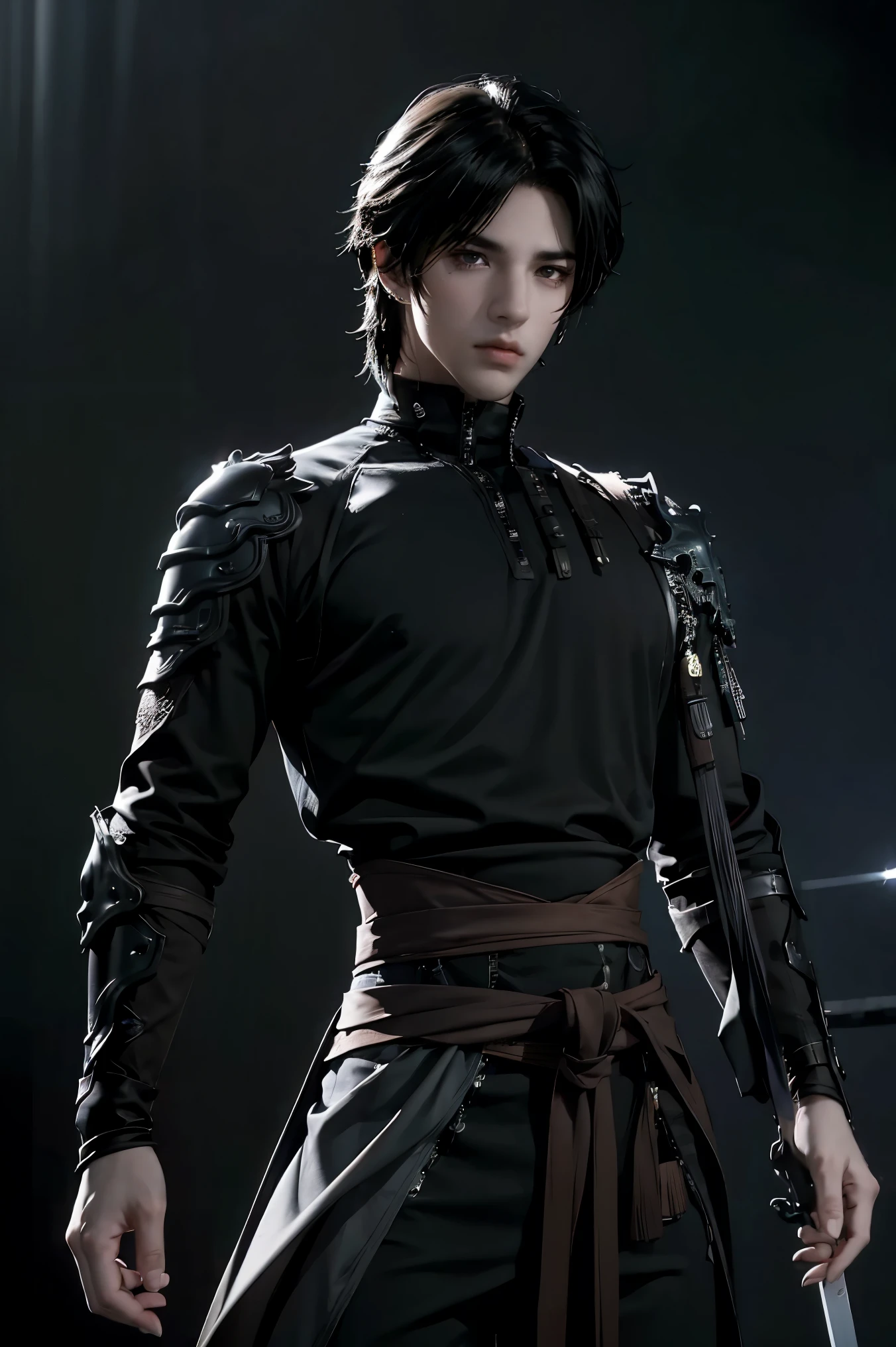 A dark-haired man with deep black eyes, imposing and handsome, Sasuke Uchiha, wearing a black warrior outfit and a sword at his waist, (best quality,4k,8k,highres,masterpiece:1.2),ultra-detailed,(realistic,photorealistic,photo-realistic:1.37),1boy,detailed facial features,intricate details,dramatic lighting,cinematic composition,dark fantasy,moody atmosphere,chiaroscuro,vibrant colors,dramatic shadows