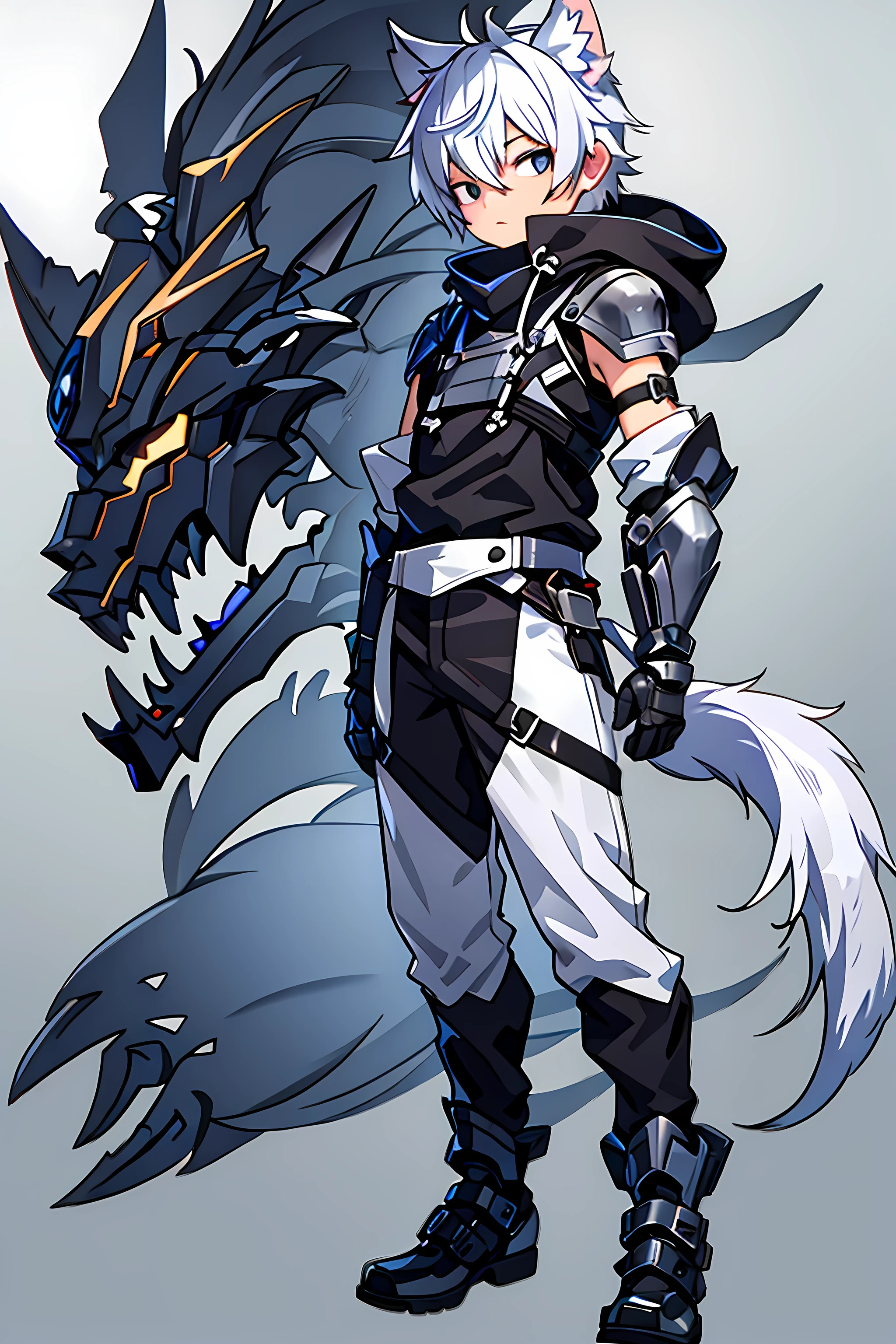 Game CG, 8K quality ,((ONE boy)),hood , anime male protagonist ,Wolf ears,Tail,Handsome Face ,head mounted display, Silver White and Sky Blue Dye,Full Body Mechanical Armor,Mechanical gloves, mechanical combat boots ,Full body portrait, No Background ,,Full body portrait, No Background ,arms behind head,leaning back,on stomach,looking up,(Alone)