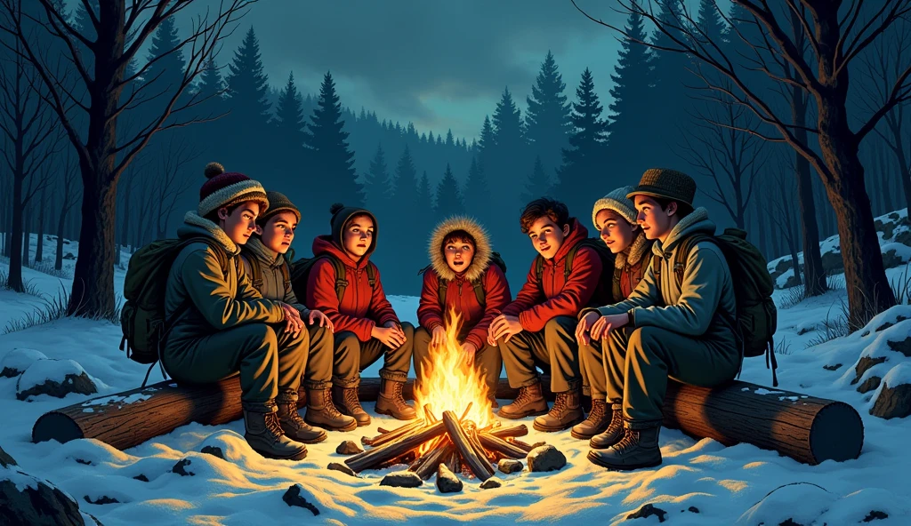 Camping site, kids playing, campfire, sitting on a log, stones, forest, woods, smoke, barbecue, Marshmallows are roasted over the fire