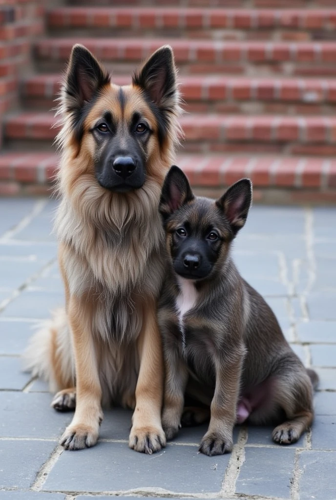 ((masterpiece)) ((photography)) ((Highest quality)) A charcoal-colored long-haired adult Belgian Malinois with beige, brown and black colors, sits on a stone terrace in front of red brick steps. Next to it, a small charcoal-colored Malinois puppy sits on its right, looking up at the adult with admiration. The puppy has a shorter, darker coat and upright ears typical of young Malinois. Both dogs are positioned side by side, creating a cute contrast between their size and age. The adult dog has a serious and calm expression, while the puppy looks curious and respectful, its eyes filled with affection. The scene takes place in a peaceful outdoor setting with brick steps in the background and a gray tiled floor.