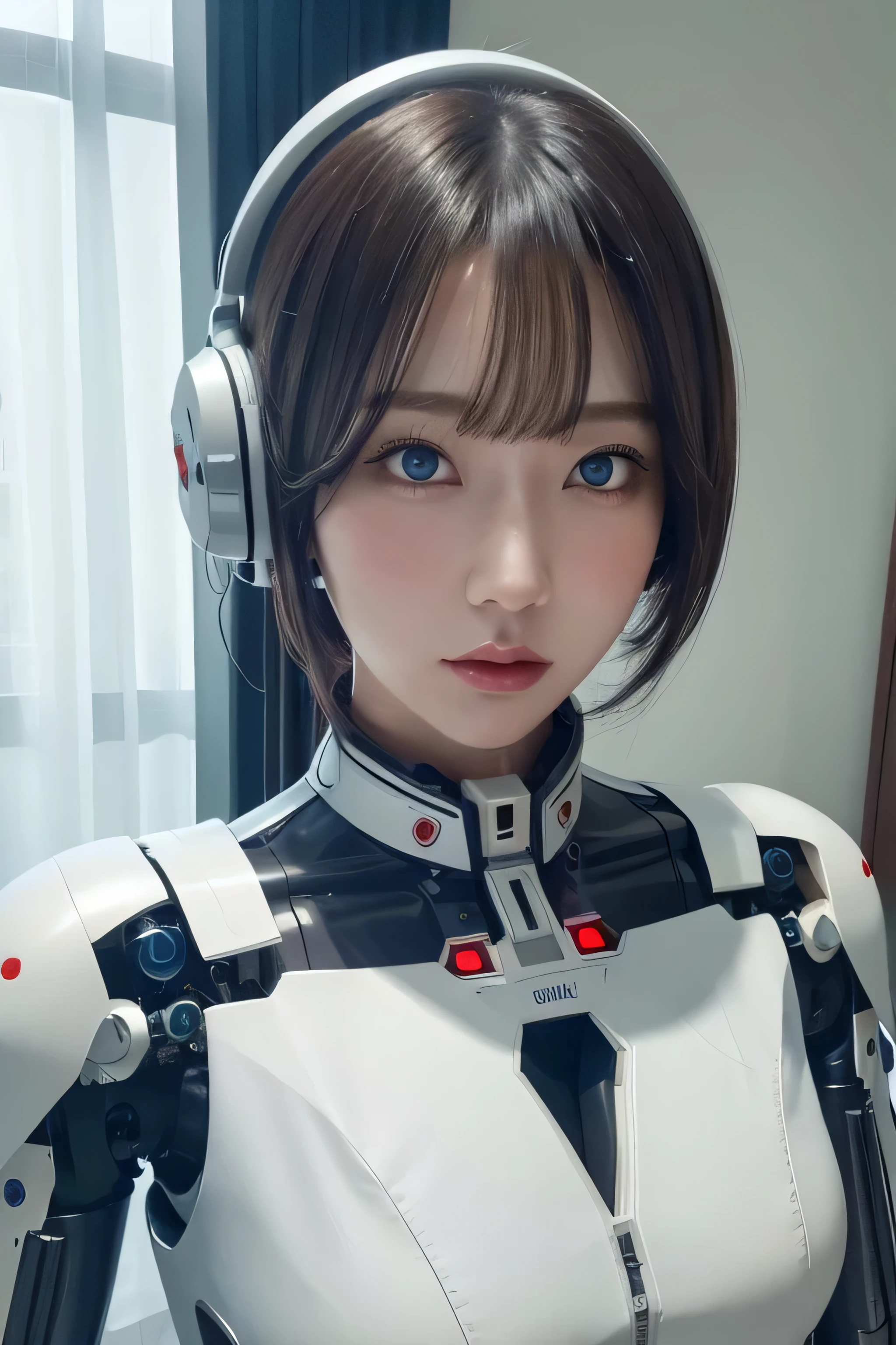 masterpiece,  Top Quality ,  Very detailed,  일본  cyborg  소녀,thud , Control Panel,안 droid , droid ,mechanical hand,  robot arms and legs ,  black robot parts , black hair,Machine body , blunt bangs ,White Machine Manics parts,perfect Machine Man girl,Long tube , A thick cable connects her neck.,[ ceramic body  ,Machine body ,  mechanical ear cover ,  mechanical costume ,안 droid ,Machine Man, humanoid , cyborg ,japanese 안 droid  woman , mechanical box , blue eyes,Future lab , Connecting a Cable Between Her Legs , deep red eyes, Silver hair