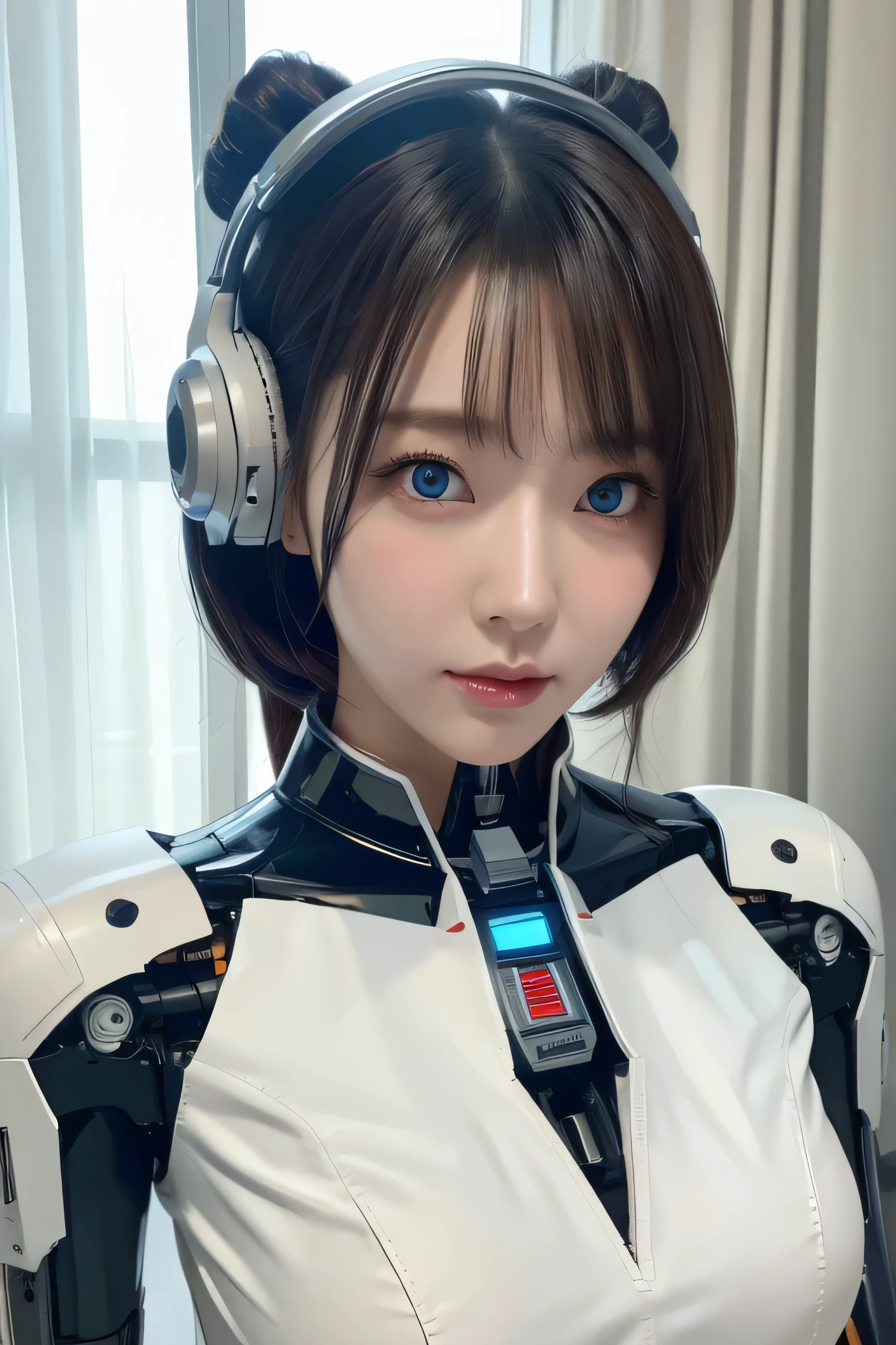 masterpiece,  Top Quality ,  Very detailed,  일본  cyborg  소녀,thud , Control Panel,안 droid , droid ,mechanical hand,  robot arms and legs ,  black robot parts , black hair,Machine body , blunt bangs ,White Machine Manics parts,perfect Machine Man girl,Long tube , A thick cable connects her neck.,[ ceramic body  ,Machine body ,  mechanical ear cover ,  mechanical costume ,안 droid ,Machine Man, humanoid , cyborg ,japanese 안 droid  woman , mechanical box , blue eyes,Future lab , Connecting a Cable Between Her Legs , deep red eyes, Silver hair