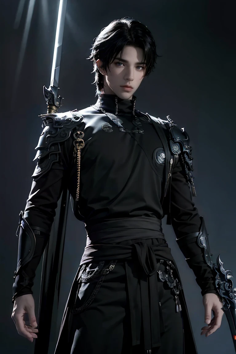 A dark-haired man with deep black eyes, imposing and handsome, Sasuke Uchiha, wearing a black warrior outfit and a sword at his waist, (best quality,4k,8k,highres,masterpiece:1.2),ultra-detailed,(realistic,photorealistic,photo-realistic:1.37),1boy,detailed facial features,intricate details,dramatic lighting,cinematic composition,dark fantasy,moody atmosphere,chiaroscuro,vibrant colors,dramatic shadows