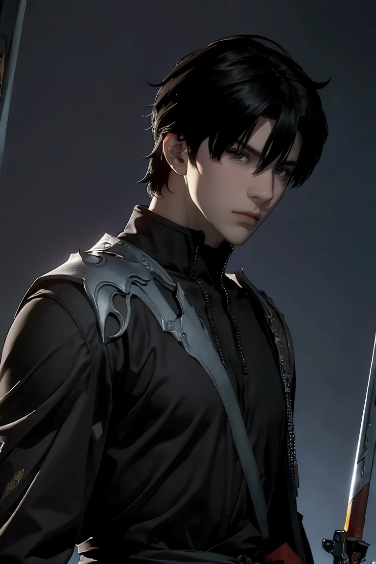 A dark-haired man with deep black eyes, imposing and handsome, Sasuke Uchiha, wearing a black warrior outfit and a sword at his waist, (best quality,4k,8k,highres,masterpiece:1.2),ultra-detailed,(realistic,photorealistic,photo-realistic:1.37),1boy,detailed facial features,intricate details,dramatic lighting,cinematic composition,dark fantasy,moody atmosphere,chiaroscuro,vibrant colors,dramatic shadows