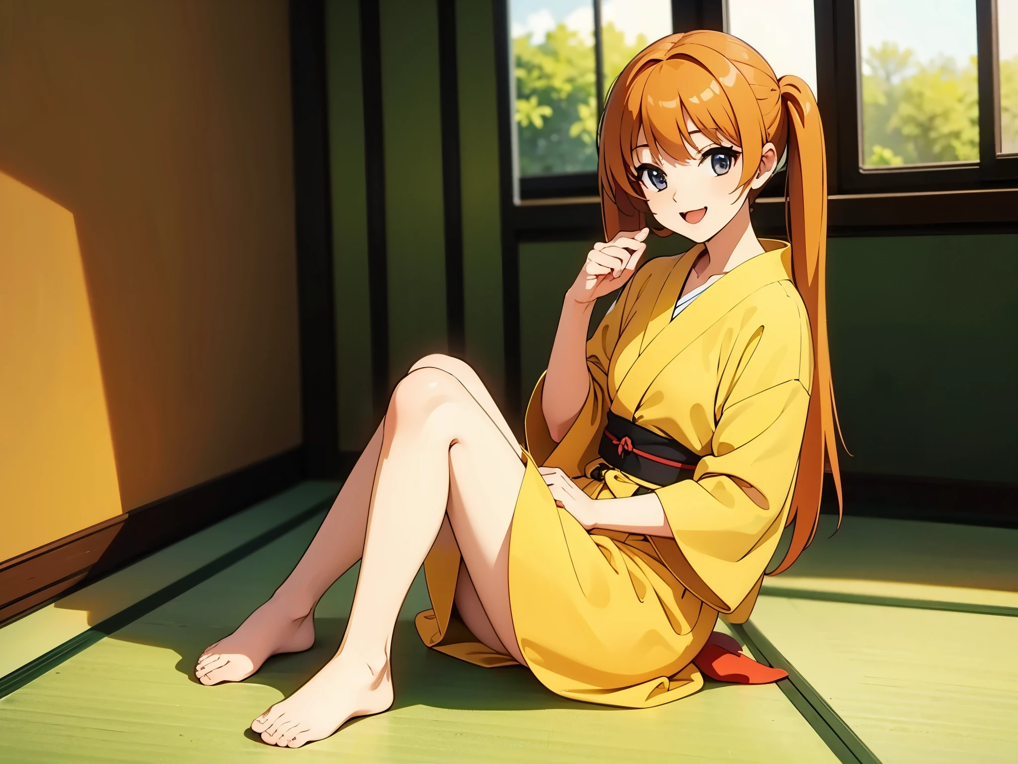 indoor, in japanese room, wearing yellow yukata, tatami, sitting, break anime style, orange hair1:4, break high bridge1:8, BREAK super straight hair, BREAK , BREAK long side twin tails1:6, (best quality,4k,8k,highres,masterpiece:1.2),ultra-detailed,(realistic,photorealistic,photo-realistic:1.37), detailed face, detailed eyes, detailed lips, long eyelashes, extremely detailed facial features