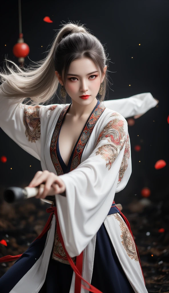 Series girl, A dynamic ninja girl in a white phoenix patterned ninja outfit, white ninja outfit, กางเกง, ผมหงอก, ผิวขาวเผือก, dynamic action pose, beautiful detailed eyes, ผมหางม้า, beautiful detailed red lips, extremely detailed eyes and face, long eyelashes, detailed ninja outfit, intricate phoenix pattern, dramatic lighting, cinematic scene, dark moody color palette, chiaroscuro lighting, (best quality,4k,8k,highres,masterpiece:1.2),ultra-detailed,(realistic,photorealistic,photo-realistic:1.37),HDR,studio lighting,ultra-fine painting,sharp focus,physically-based rendering,extreme detail description,professional,vivid colors,bokeh,dark fantasy,action,cinematic