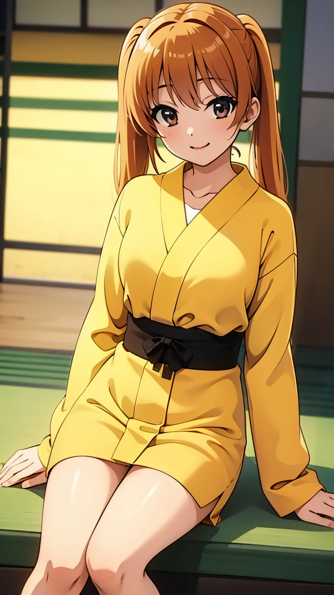 indoor, in japanese room, wearing yellow yukata, tatami, sitting, close mouth, blush, shy, break anime style, orange hair1:4, break high bridge1:8, BREAK super straight hair, BREAK , BREAK long side twin tails1:6, (best quality,4k,8k,highres,masterpiece:1.2),ultra-detailed,(realistic,photorealistic,photo-realistic:1.37), detailed face, detailed eyes, detailed lips, long eyelashes, extremely detailed facial features