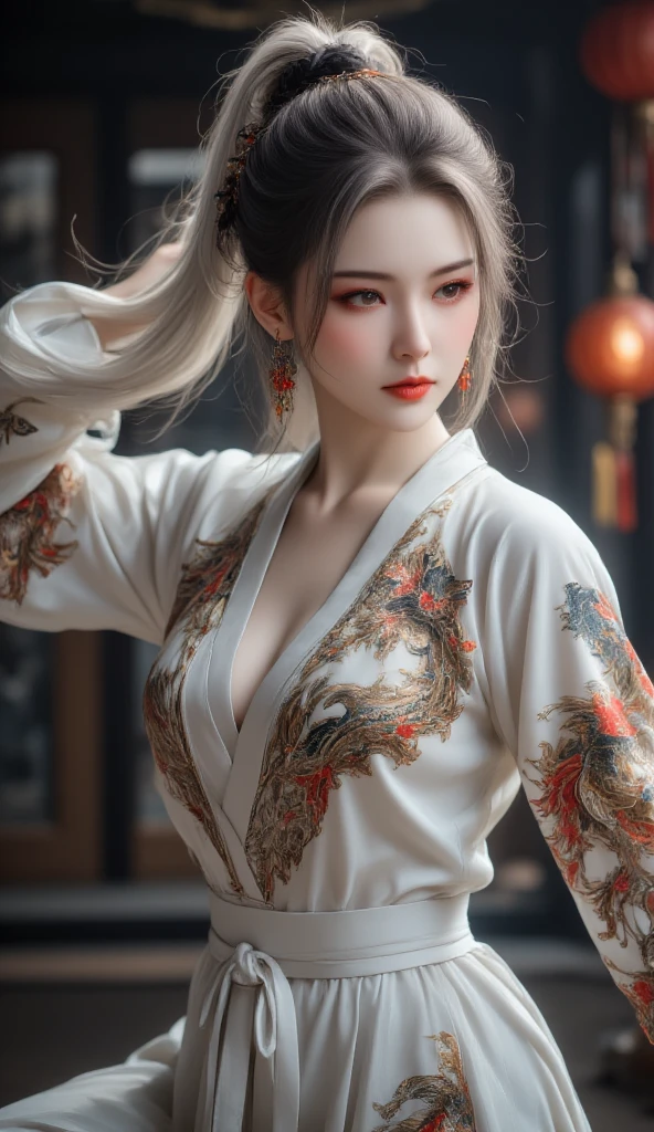 Series girl, A dynamic ninja girl in a white phoenix patterned ninja outfit, white ninja outfit, กางเกง, ผมหงอก, ผิวขาวเผือก, dynamic action pose, beautiful detailed eyes, ผมหางม้า, beautiful detailed red lips, extremely detailed eyes and face, long eyelashes, detailed ninja outfit, intricate phoenix pattern, dramatic lighting, cinematic scene, dark moody color palette, chiaroscuro lighting, (best quality,4k,8k,highres,masterpiece:1.2),ultra-detailed,(realistic,photorealistic,photo-realistic:1.37),HDR,studio lighting,ultra-fine painting,sharp focus,physically-based rendering,extreme detail description,professional,vivid colors,bokeh,dark fantasy,action,cinematic