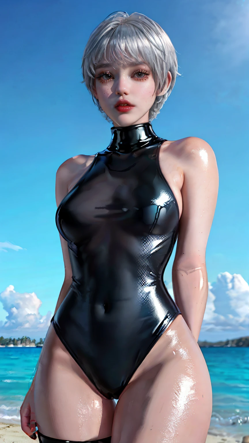 ((white skin)), ((thick thighs)), ((pixie cut)), ((perfect body)), (((close up:1.2))), ((view from below)), medium breasts, ((tight body)), high quality, looking at viewer, smug, (((grey hair:1.1))), white skin, (((shiny 3D white skin)), (((perfect body))), ((arms behind back:1.3)), realistic skin, close up from below, thicc, beach, looking at viewer, high quality, best quality, ((thick thighs:0.9)), ((front view:1.1)), solo, 1 girl, ((close up:0.8)), ((cute face:1.2)), pretty face, black eyes, (petite body), ((black swimsuit)), ((swimsuit:1.2)), ((latex swimsuit)), ((turtleneck swimsuit)), ((shiny skin)), beach on the background, blue sky, cloudy, outdoor, ((view from below:0.5))