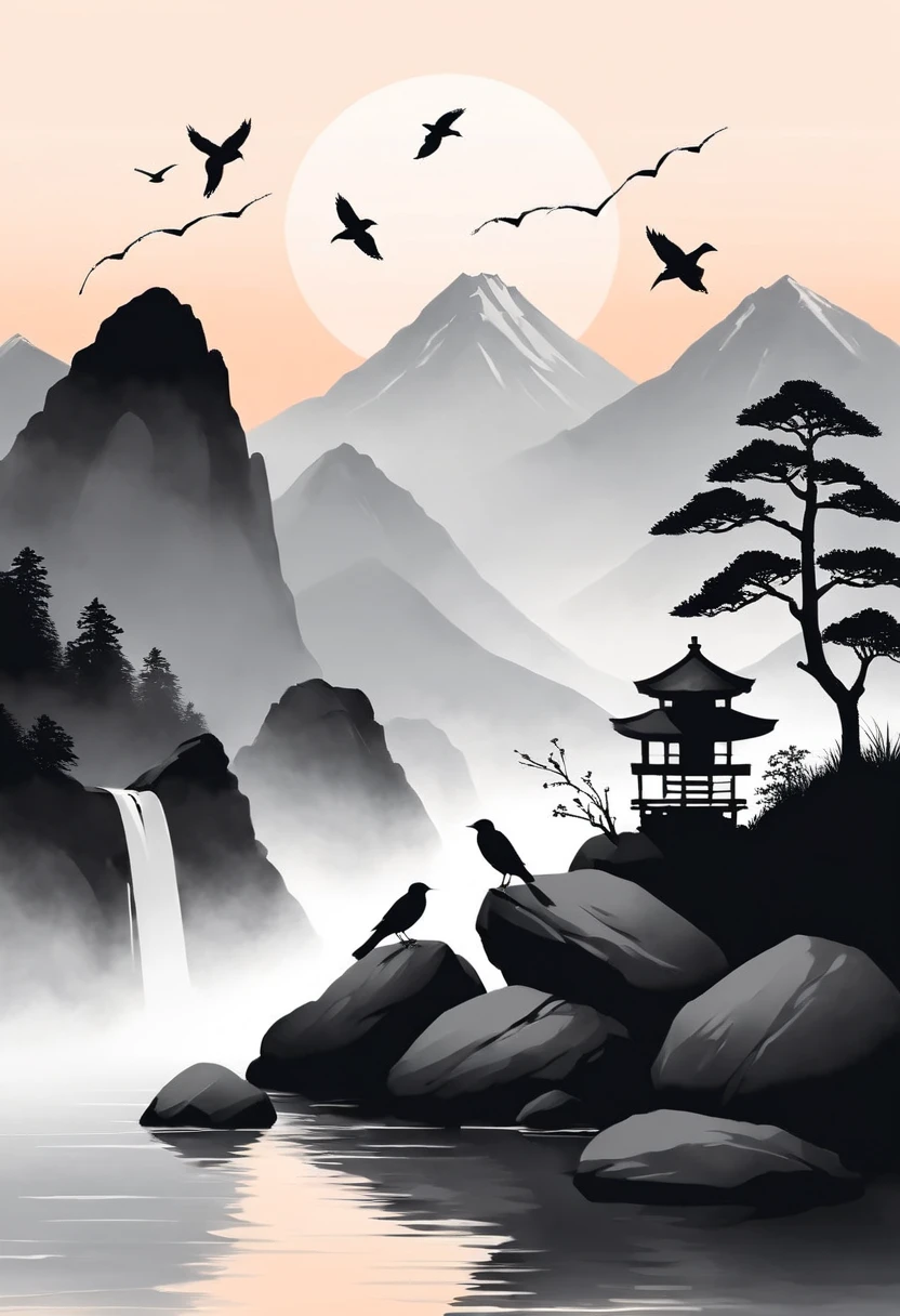 Create an ink art scene inspired by traditional East Asian aesthetics. The image should feature a solitary bonsai tree on a rock, clearly separate from an East Asian pagoda in the background. The sun should be a soft, muted circle, smaller in size, casting a warm glow. Use a color palette of soft oranges, deep blacks, and muted grays to evoke tranquility. Include silhouettes of birds in flight and maintain a minimalistic, graphic style, ensuring there are no realistic textures or excessive details. The background should suggest mountains and a waterfall, but with a focus on simplicity and harmony.